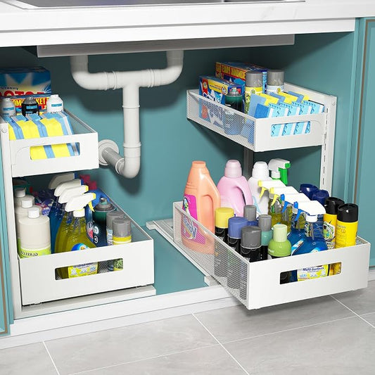 TISTAYA Under Sink Organizer, Bathroom Organizers and Storage, Cabinet Organizer Pottery Barn Furniture for Kitchen, Bathroom, Pantry, Laundry, Study, White，1XL, 2PCS by TISTAYADirect