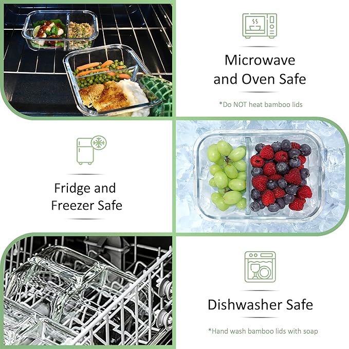 Glass Meal Prep Containers with Bamboo Lids, 2 Compartment Glass Bento Box Container Set (3 Pack) | 100% Plastic Free, Eco-Friendly, Lunch Containers with Lids Made of Bamboo - Set of 3 - Image 5