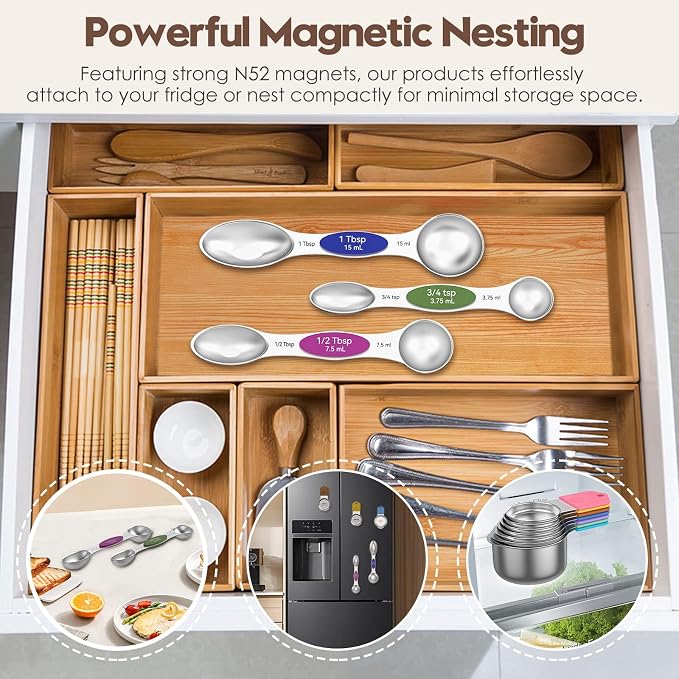 Magnetic Measuring Cups and Spoons Set – 304 Stainless Steel | Dual-Sided Markings | Space-Saving Kitchen Organizer | N52 Magnetic Nesting | 15-Piece with Leveler | Baking & Gift(Colorful) - Image 5