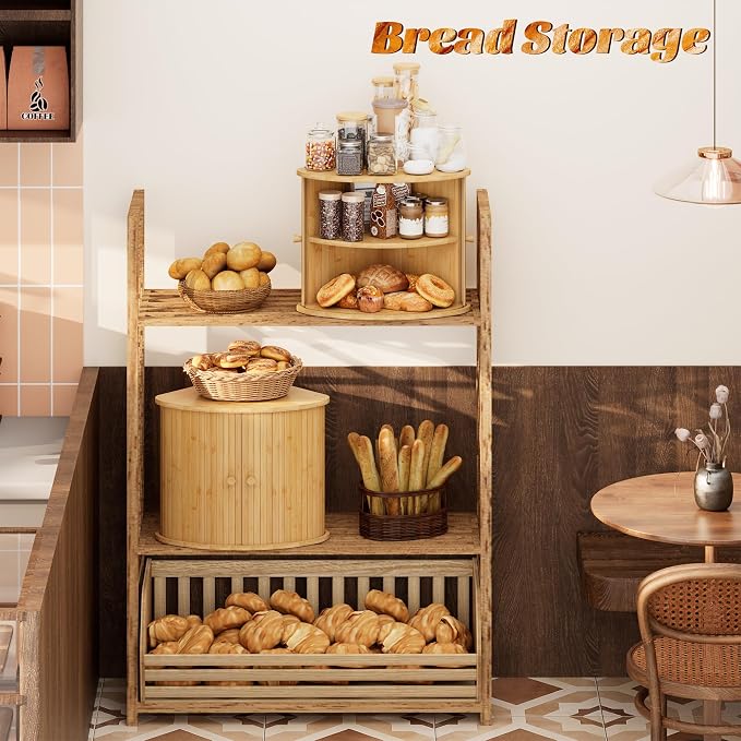 Corner Bread Box for Kitchen Countertop, Solid Bamboo Wood Bread Box, Two Layer Wooden Bread Storage Capacity - Image 6