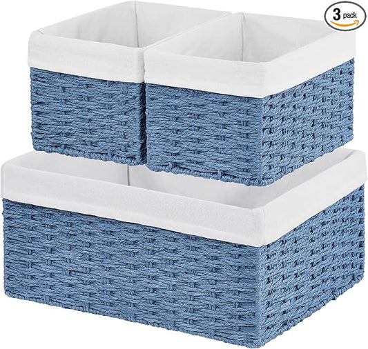Wicker Basket, Set of 3 Hand-woven Storage Baskets for Organizing, Rectangle Wicker Storage Basket Bins with Handles, Small Toilet Paper Storage Baskets for Shelves & Decor, Blue by Vagusicc