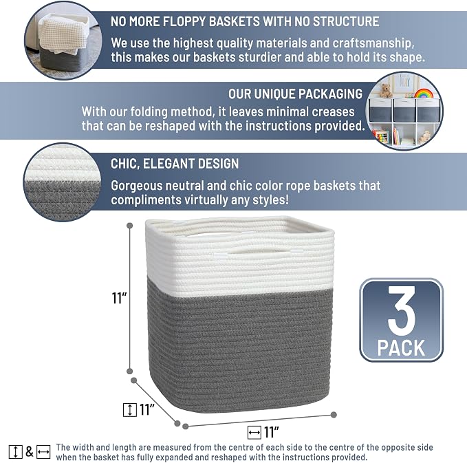 NaturalCozy Storage Cubes 11 Inch Cotton Rope Woven Baskets for Organizing, 3-Pack | Cube Storage Bin | Square Storage Baskets for Shelves Organizer, Classroom, Kids Toy Bins, Closet, Baby Nursery - Image 2