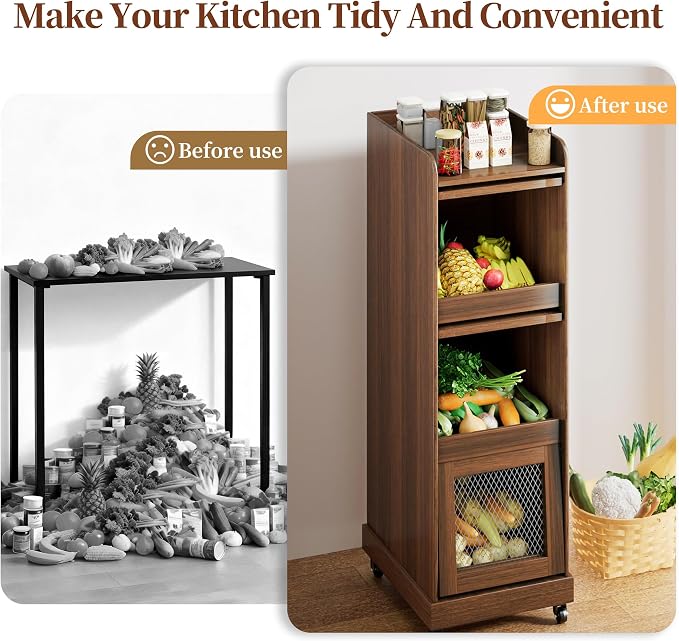 4 Tier Narrow Potato Storage Bin, Tall Wood Potato and Onion Storage Bin with Wheel, Movable Fruit and Vegetable Basket, Food Small Kitchen Pantry Cabinet, Wooden Bread Box, Walnut, Sliding Door - Image 6