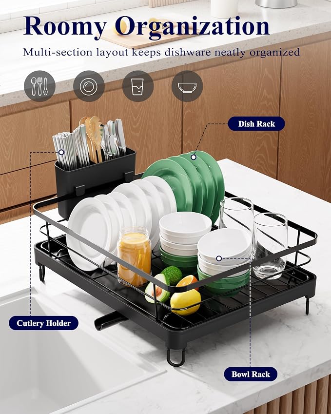 Kitsure Dish Drying Rack for Kitchen Counter, 12.7''W x 16.7''L, Black | Stainless Steel Sink Organization, Cutlery Holder, Home and Appartment Decor - Image 2