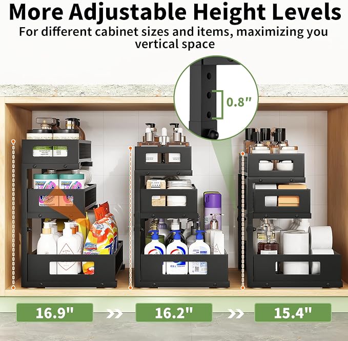 Under Sink Organizer,3-Tier Heavy Duty Pull out Cabinet Organizer Shelf | Height Adjustable,Thickened Metal,Slide out Storage Drawer Rack for Kitchen Bathroom Pantry Laundry Home Organization - Image 4