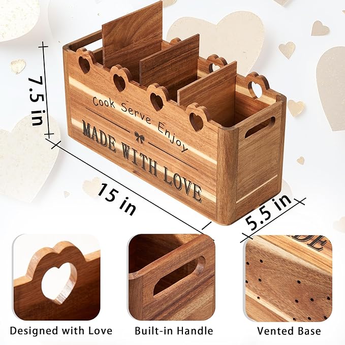 Kitchen Utensil Holder, Large Acacia Wood Organizer for Countertop | Extra Large Farmhouse Style with 4 Compartments, Rustic Wooden Storage for Cooking Tools & Cutlery - Image 6