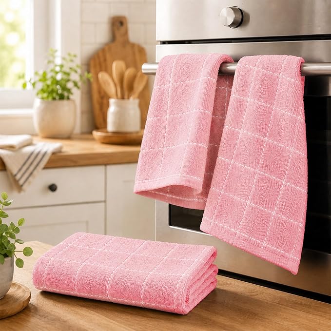 Kitinjoy 100% Cotton Terry Kitchen Towels, 13”x 28”, 12-Pack, Pink | Checkered Designed, Ultra Soft Absorbent Quick Drying Dish Towels - Image 7
