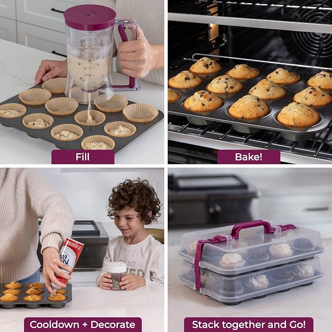 Cupcake Carrier for 24 Cupcakes - Innovative Cupcake Holder includes 2 Cupcake Pans with Lid and Handle - Cupcake Travel Container Carries 12 or 24 Standard-Size Cupcakes for Storage Safely - Image 3