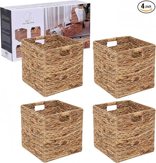 12x12in Storage Baskets 4 Pcs Water Hyacinth Baskets,Foldable Handwoven Storage Cubes by JCLDYO9