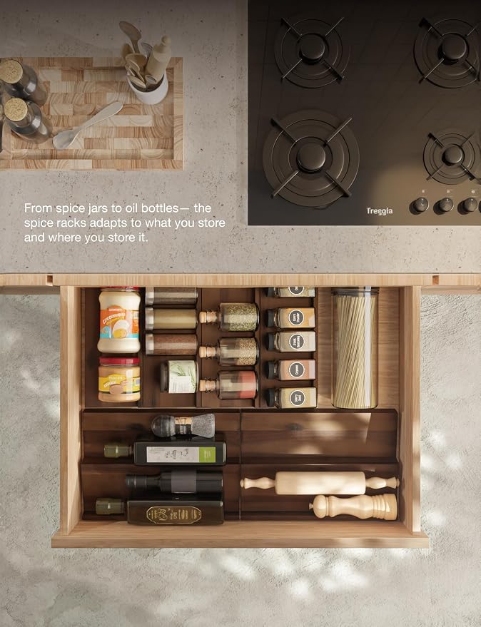 Tinamo Acacia Wooden Spice Rack Organizer for Cabinet - Spice Drawer Insert, Spice Organization for Cabinet, Seasoning Organizer, Spice Holder Pack of 8 (Walnut, Pack 8) | Acacia Wood Construction, No assembly, Stackable 4-tray design, Spacious for up ... - Image 7