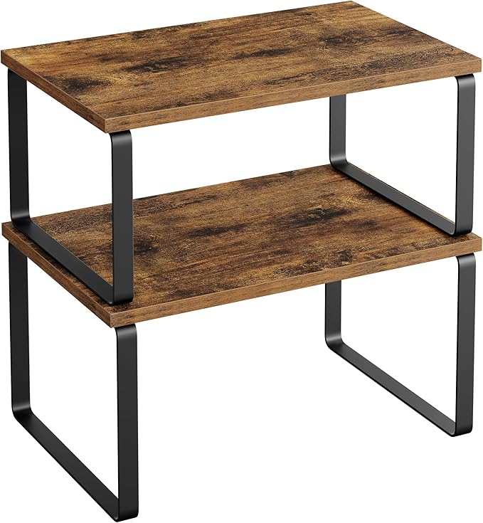 SONGMICS Cabinet Organizer Shelf, Set of 2 Kitchen Counter Shelves, Kitchen Storage, Spice Rack, Stackable, Expandable, Metal and Engineered Wood, Ink Black and Rustic Brown UKCS020X01 by Unknown