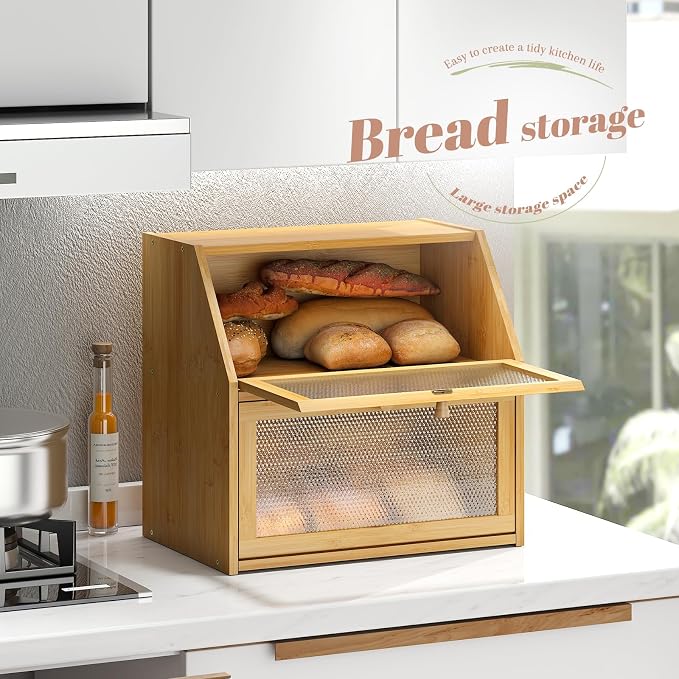 STDDRE Bread Box for Kitchen Countertop Bin Double Layer Bread Box Storage Container Extra Large Capacity with Diamond Pattern Windows (Natural, Extra Large) - Image 6