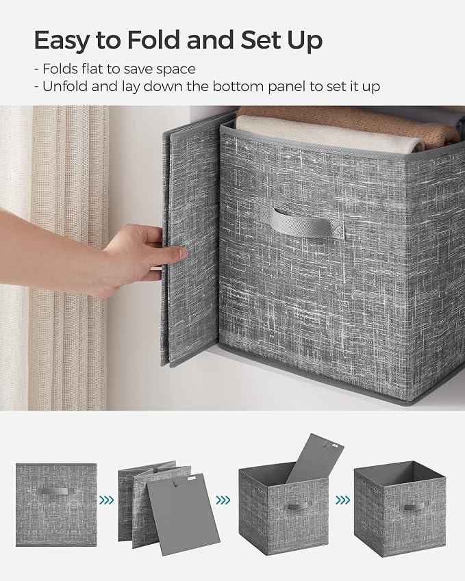 SONGMICS Storage Cubes, 13-Inch Non-Woven Fabric Bins with Double Handles, Set of 6, Closet Organizers for Shelves, Foldable, for Clothes, Cattail Gray UROB033G01 - Image 6