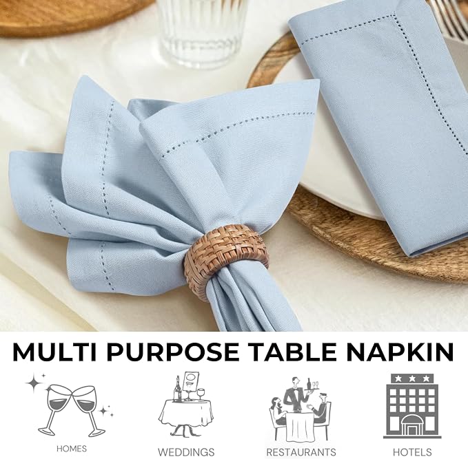 Bedding Craft Hemstitched Cotton Cloth Dinner Napkins Set of 12 – 18x18 Winter Sky Blue – Machine Washable Reusable Fabric Napkins for Weddings, Parties & Everyday Dining - Image 7