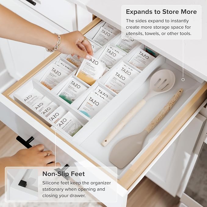 Tea Bag & Coffee Pod Organizer, 9.7-17 in, White Bamboo | 10 storage compartments, adjustable wall inserts, non-slip feet, food-safe - Image 6