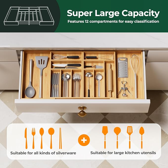 Large Silverware Organizer, 12 Slots Magnetic Connected Expandable Bamboo Utensil Drawer Organizer From 21 to 37.4 Inches, Adjustable Flatware and Cutlery Holder, Utensil Tray for Kitchen Natural - Image 2