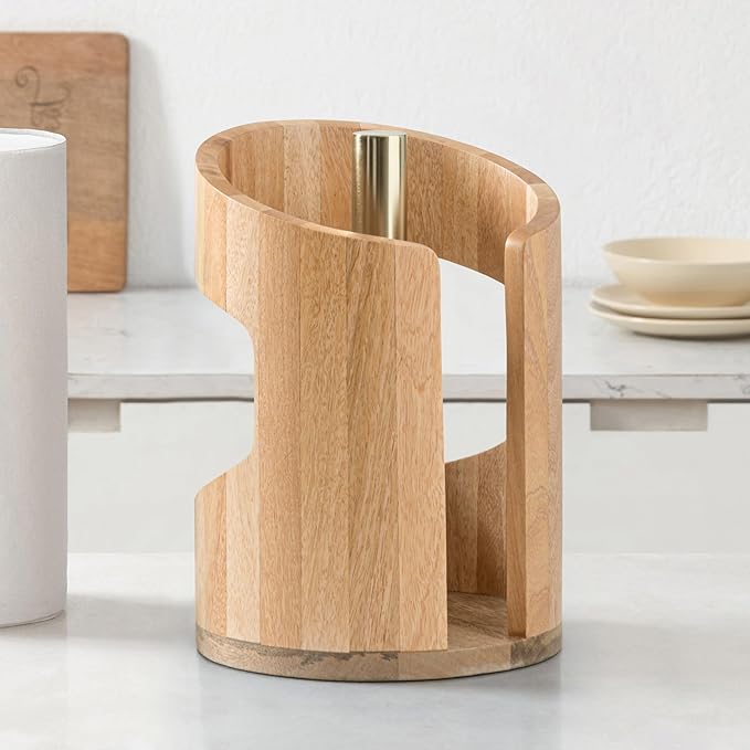 Anji Mountain Wooden Paper Towel Holder with Metal Holder, Holder Stand for Kitchen Roll Organizer & Kitchen Dining Table Home Décor, Countertop Fits Jumbo & Mega Rolls - Mango/Gold, Arc Hold by AnjiMountain