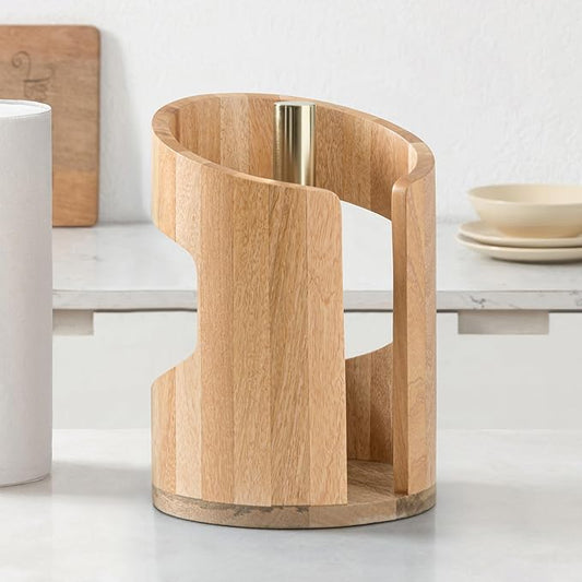 Anji Mountain Wooden Paper Towel Holder with Metal Holder, Holder Stand for Kitchen Roll Organizer & Kitchen Dining Table Home Décor, Countertop Fits Jumbo & Mega Rolls - Mango/Gold, Arc Hold by AnjiMountain