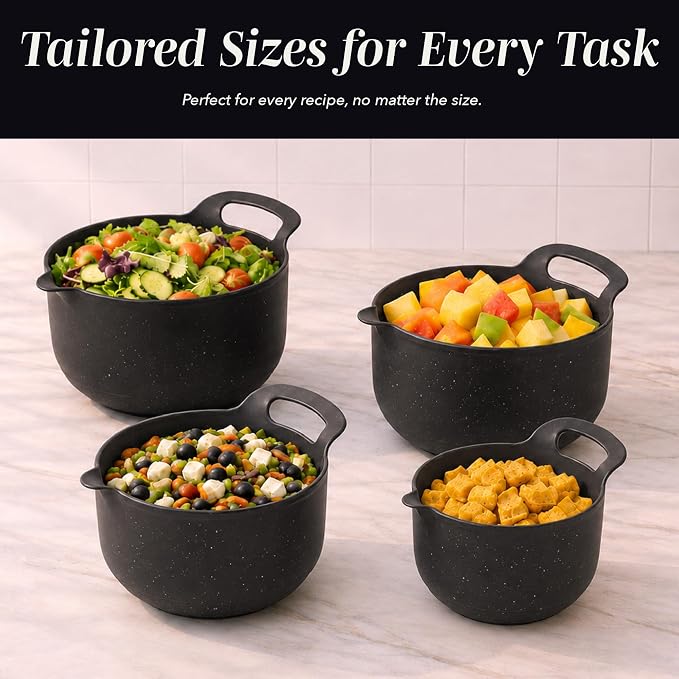 COOK WITH COLOR Nesting Plastic Mixing Bowl Set with Pour Spouts and Handles, Black Speckled, 4 Piece Non-Slip - Image 5