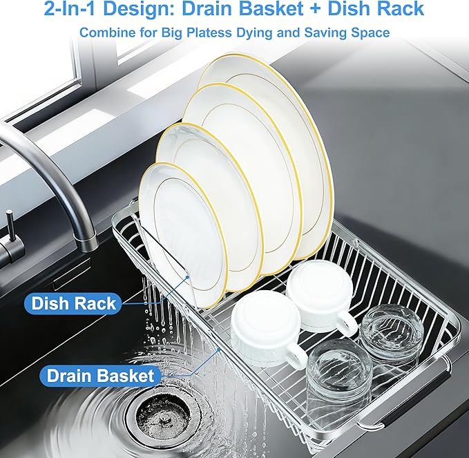 Over The Sink Dish Drying Rack Expandable Kitchen Sink Organizer | 304 Stainless Steel Dish Rack in Sink Drying Rack 2-in-1 Extend Sink Drain Basket and Dish Drainers for Kitchen Counter - Image 4