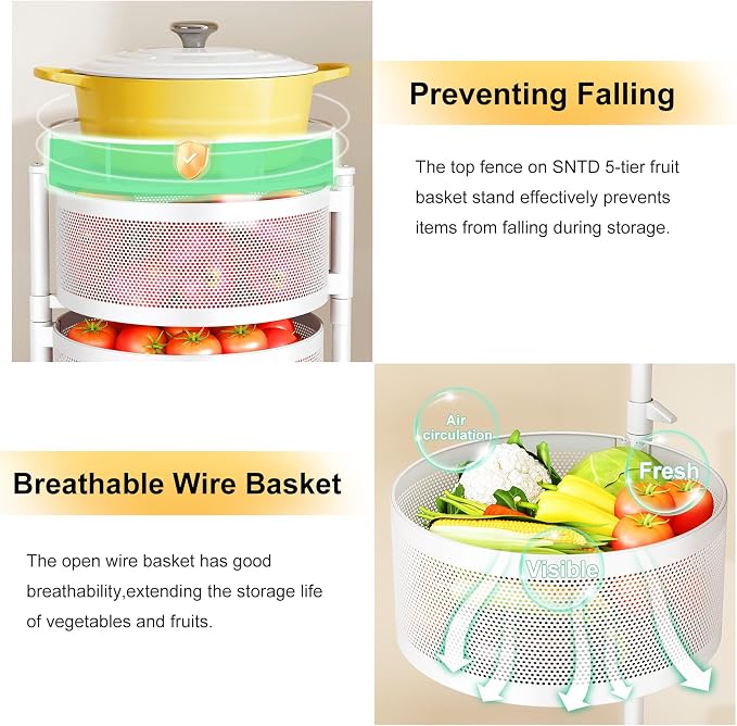 SNTD Fruit and Vegetable Basket Bowls for Kitchen with Metal Top Lid, 5 Tier Rotating Storage Rack Cart for Potato Onion Banana, Wire Basket Organizer on Wheels, Large (White) - Image 4