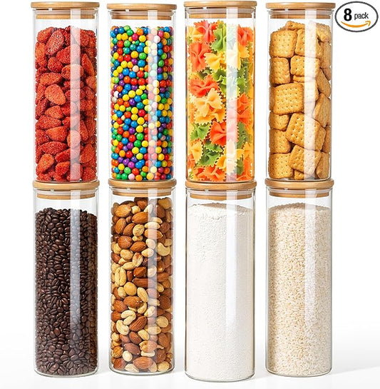 Stackable Glass Food Storage Containers with Lids [Set of 8 ], Airtight Glass Canister for Kitchen & Pantry Organization, Clear Borosilicate Jars for Pasta, Cereal, Flour, Sugar, Nuts by 77L