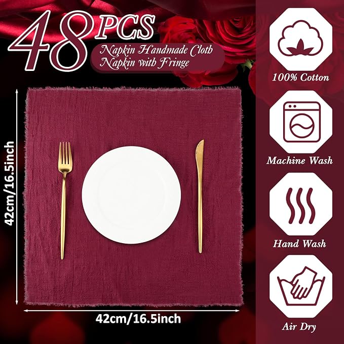 48 Pcs Cotton Linen Cloth Napkins with Fringe 16.5 x 16.5 Inch Square Rustic Dinner Linen Napkins Bulk for Wedding Party Banquet Dinner (Wine Red) - Image 2