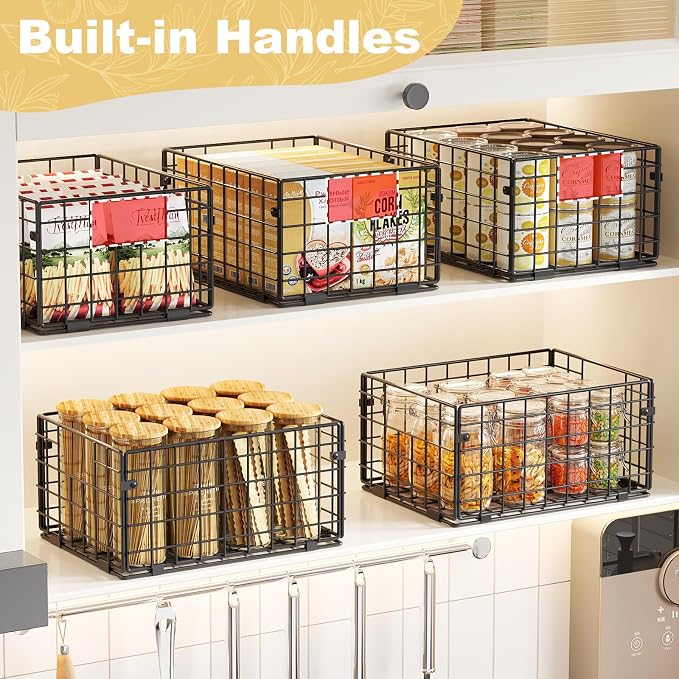 X-cosrack Metal Wire Basket Pantry Baskets Foldable Cabinet Organizers with Handles-6 Pack-12"x9"x6", Food Storage Freezer Organizer Bins for Kitchen Bathroom Laundry Closet Garage - Patent Design - Image 2