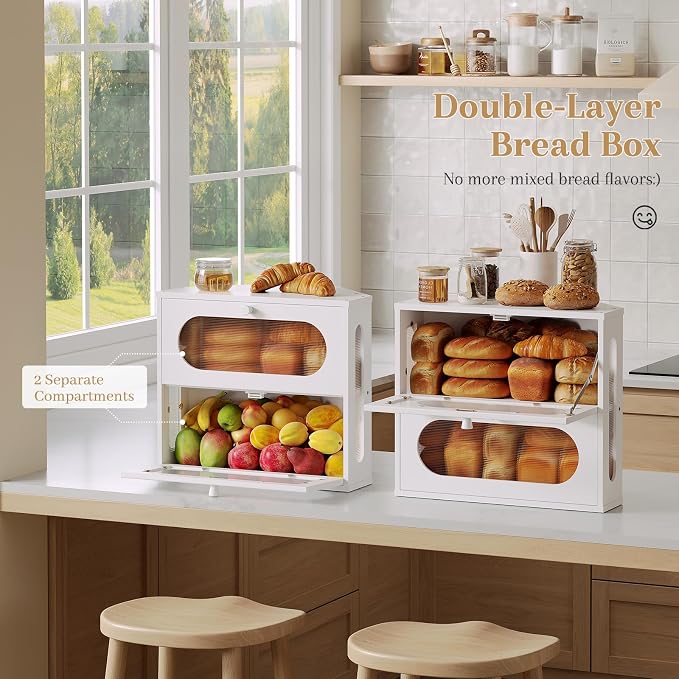 Corner Bread Box for Kitchen Countertop, 2026 New Double Layer Bamboo Bread Storage Bin, Large Bread Container for homemade bread (White) - Image 4
