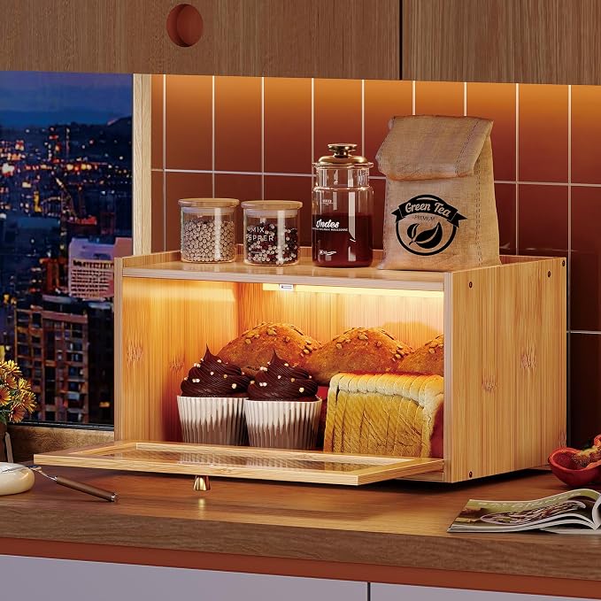 Trironsun Bamboo Bread Box with Led Light for Kitchen Counter Large Capacity Bread Storage Container Kitchen Countertop Organizer with Window Bread Holder (Natural Bamboo) - Image 2