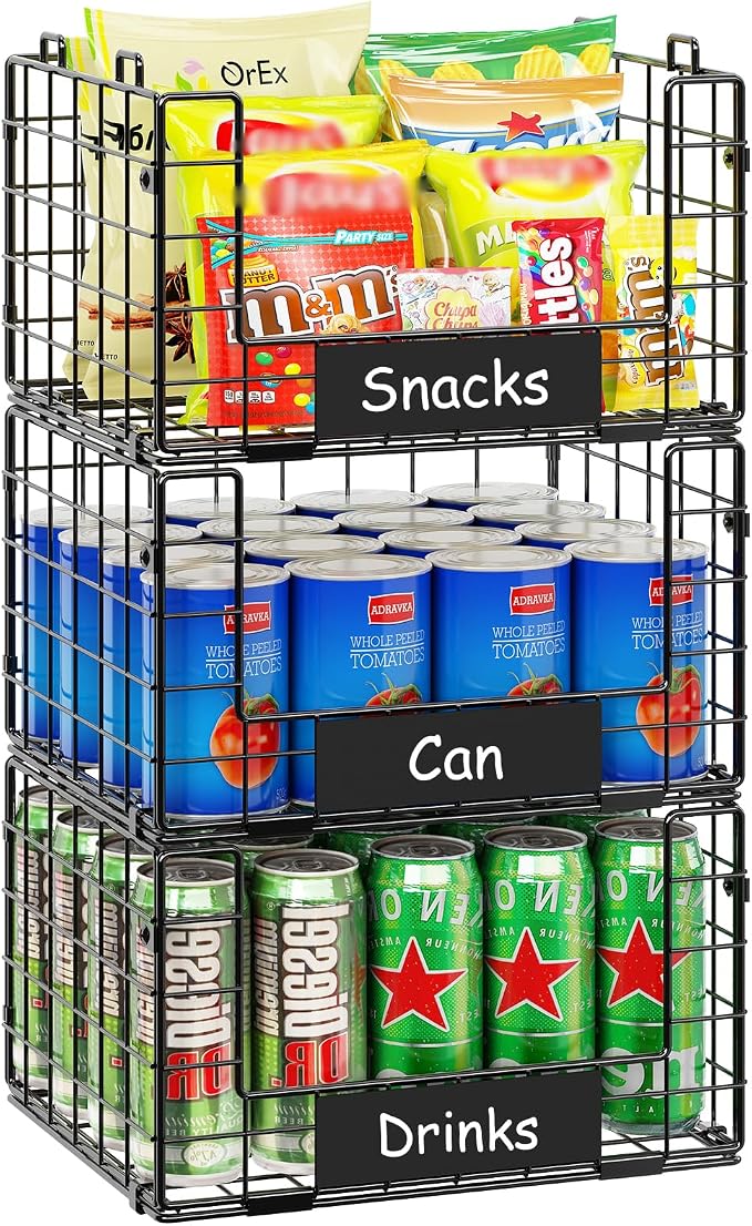 3 Pack XL Stackable Wire Baskets with Handle, Pantry Organizers and Storage | Snack Organizer & Vegetable Basket & Metal Pantry Bin & Fruit Basket for Kitchen Counter - Image 7