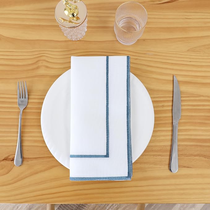 Majestic Giftware Set of 12 Polyester Napkins (NPK-NY) | White Navy Trim Design Dinner Napkins Cloth | Linen Look Washable Cloth Napkins Set for Weddings, Banquets, or Restaurants (20" x 20") by MajesticGiftware