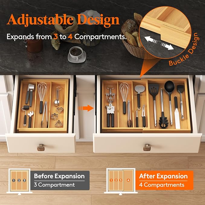 Lifewit Utensil Organizer for Kitchen Drawer, Expandable Cooking Utensil Tray, Cutlery Silverware Flatware Holder, Wood Adjustable Spatula Tools Storage Divider, 30-55 x 40cm, Natural - Image 4