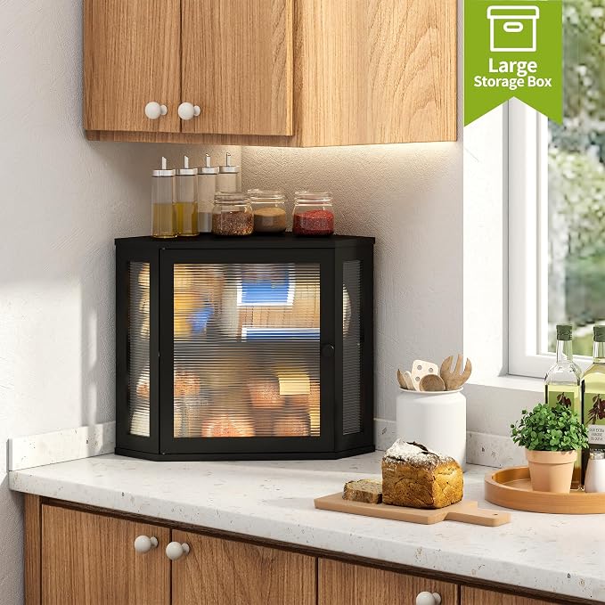 BMOSU Corner Bread Box for Kitchen Countertop Double Layer Bamboo Wooden Bread box Large Capacity Bread Storage Bin(Black, Medium) - Image 4