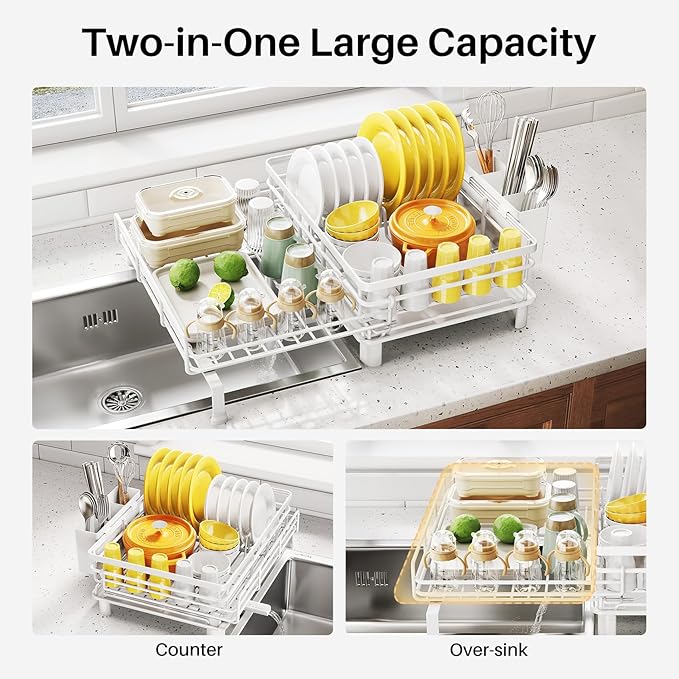 Expandable Dish Drying Rack for Kitchen Counter, Stainless Steel, White | Foldable Over Sink, Large Capacity, Adjust to Fit Most Sinks, Angled Drainboard, Removable Utensil Holder, Slip Resistant - Image 3