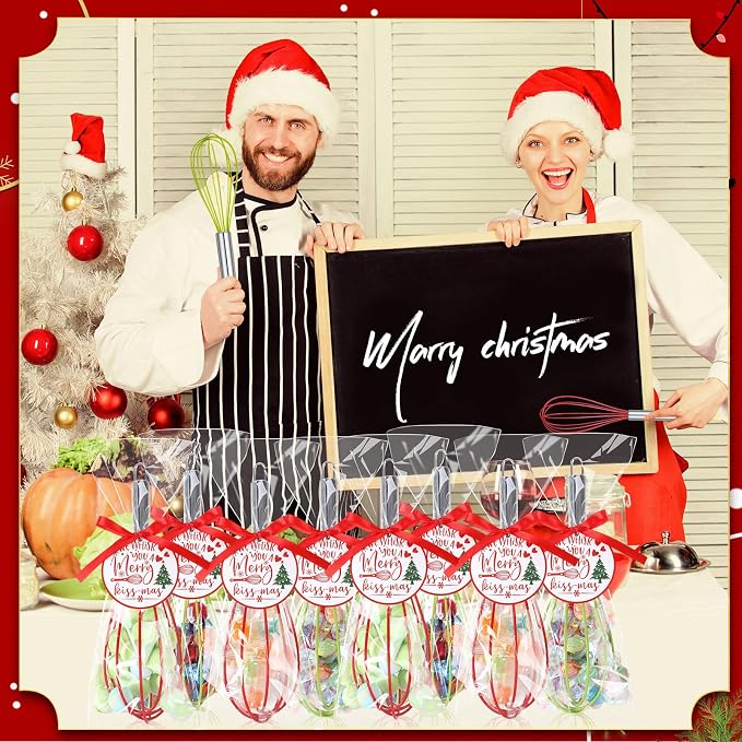 FoldTier 16 Sets 10 Inch Christmas Whisks Gifts DIY Fillable Christmas Tree Ornaments Xmas Colored Silicone Whisks for Cooking Heat Resistant Egg Beaters with Card Rope Bag for Candy Holder - Image 5