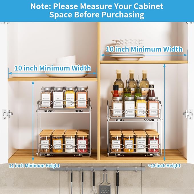 BOIVSHI Pull Out Spice Rack, 9.25" W x 10.39" D x 9.76" H | 2 Tier, Space-Saving, Spice Organization for Cabinet, Heavy Duty Metal Spice Organizer for Cabinet, Pantry, Kitchen - Image 4