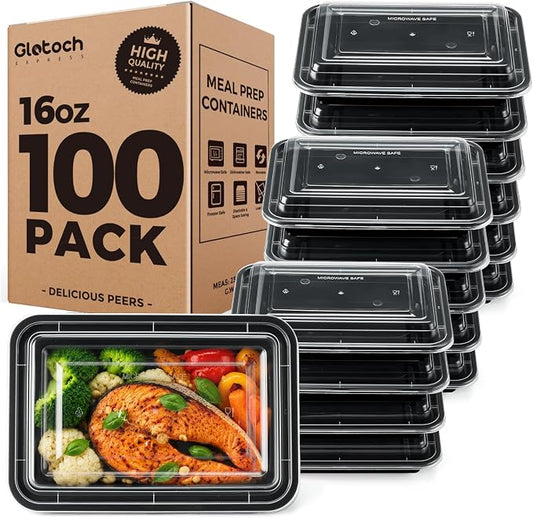 100 Pack (200-Piece) 16oz Meal Prep Containers with Lids Reusable Food Containers Leakproof & Microwave, Freezer, Dishwasher Safe Durable Plastic Storage Containers Bento Box for To Go Take Out Black by GlotochExpress