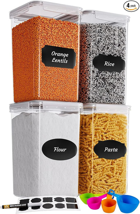 Chef's Path Extra Large Tall Airtight Food Storage Containers, Set of 4, Airtight Food Storage for Flour, Sugar, Rice, Includes Measuring Scoops, Pen, and Labels, 7qt, 220Oz, 6.5L, Transparent by ChefsPath