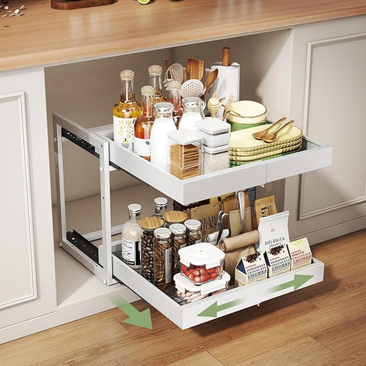 Abalter Expandable Pull Out Cabinet Organizer(12-18.5" W x 21" D), 2-Tier Slide Out Drawer for Kitchen Cabinets, Slide Out Shelves for Kitchen Countertop, Bathroom, Pantry, Heavy Duty Caddy(White) by Abalter