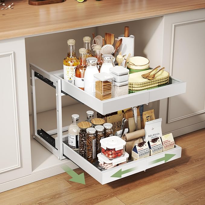 Abalter Expandable Pull Out Cabinet Organizer(12-18.5" W x 21" D), 2-Tier Slide Out Drawer for Kitchen Cabinets, Slide Out Shelves for Kitchen Countertop, Bathroom, Pantry, Heavy Duty Caddy(White) by Abalter