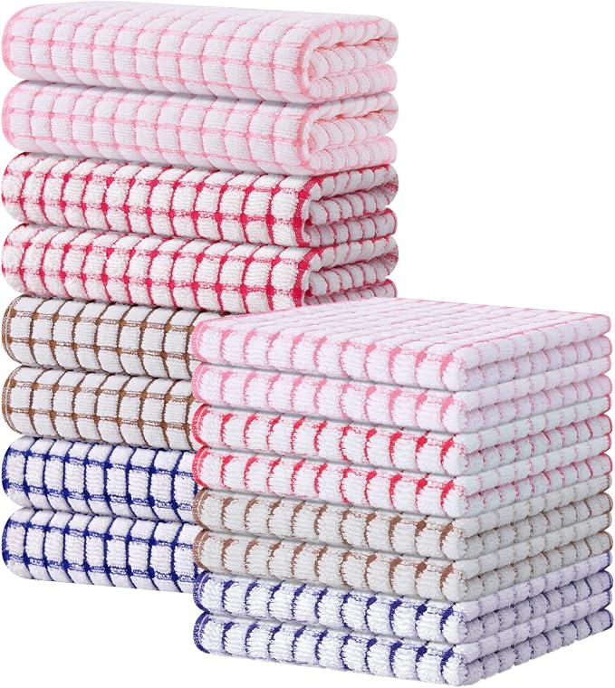 Kitinjoy Cotton 16 Pack Kitchen Towels and Dishcloths Sets, Mix Colour | 16 x 25 Inch & 12 X 12 Inch Dish Towels Bulk, Super Soft and Absorbent hand towels for kitchen Drying by Kitinjoy