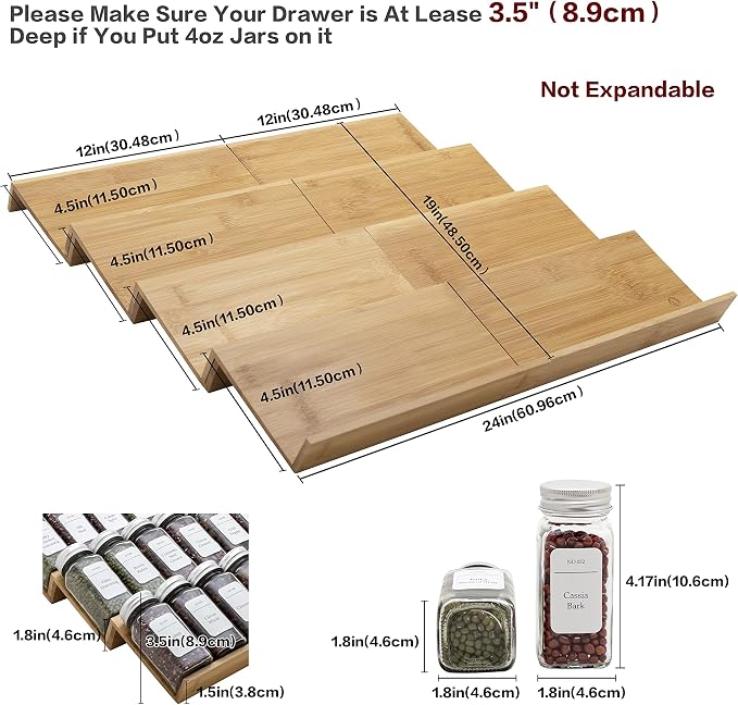 Bamboo Spice Rack Drawer Organizer - 8 Piece Set - 12" Wide, Combine Into 24" Rack (12" or 24") - Image 4