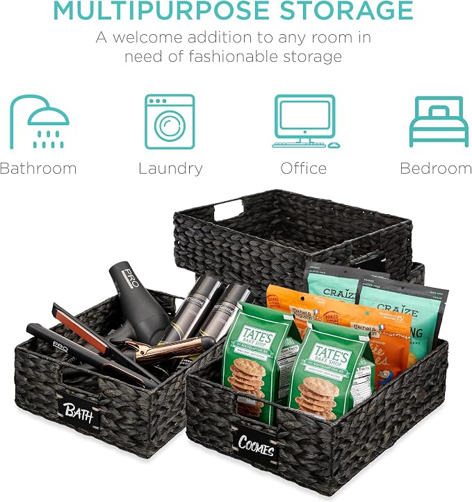 Best Choice Products Set of 4 16x12in Large Water Hyacinth Pantry Baskets, Woven Organizers w/Chalkboard Label, Chalk Marker - Black - Image 6