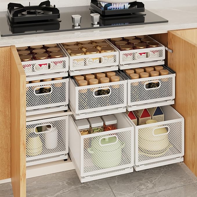 Pull Out Cabinet Organizer, Slide Out Drawers Fixed with Adhesive Nano Film, Pantry Shelves Sliding Drawer Storage Organization for Kitchen/Bathroom/Bedroom (19.7*13.8*3.3inch/50*35*8.5cm) - Image 3