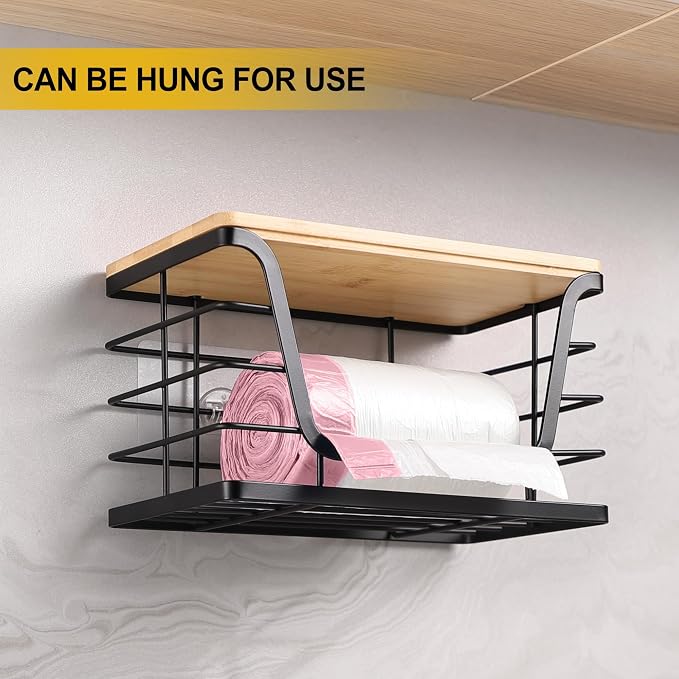 ALOCEO 2 Pack Storage Stackable Kitchen Laundry Organizers with Bamboo Top, Large Trash Bag Holder and Small Garbage Bag Dispenser for Countertop Organization - Image 7