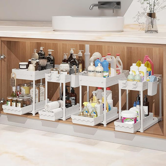 4-Pack 2-Tier Under Sink Organizer with Pull Out Drawers | Multi-use kitchen & bathroom storage. Includes hanging hooks and cups. White, space-saving cabinet design. 14.8 Inch by Sevenblue