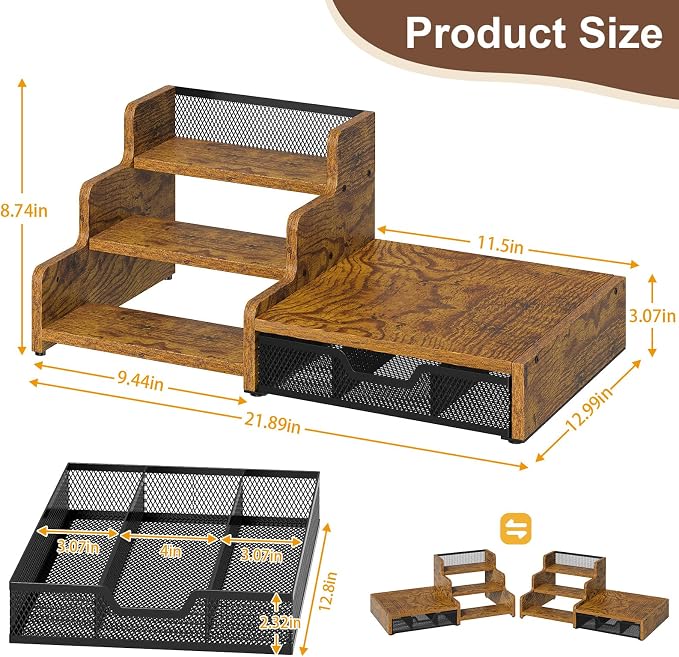 Coffee Station Organizer with K Cup Holder, 28 Pod Capacity,3-Tier Syrup Rack with Coffee Pod Holder Drawer, Coffee Bar organizer Countertop for Accessories,Rustic Brown - Image 3