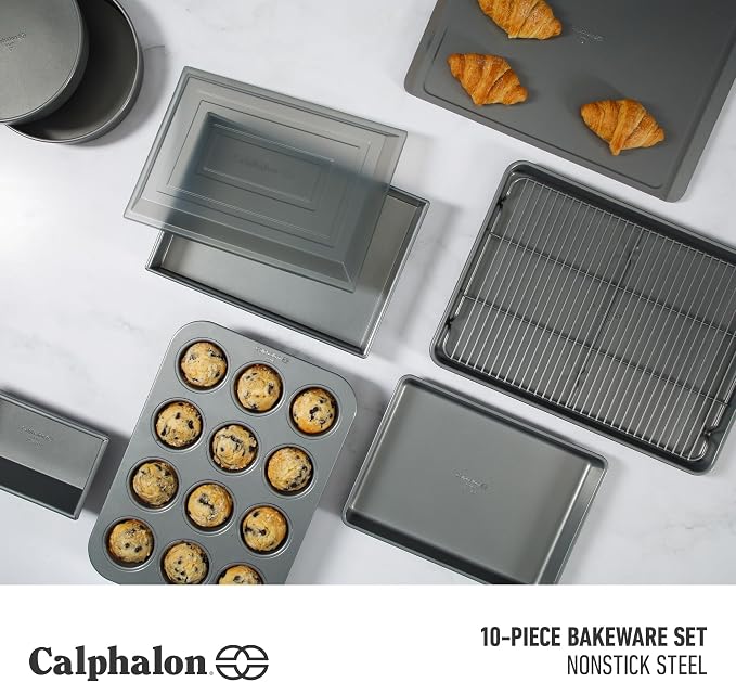 Calphalon Titan 10-Piece Nonstick Bakeware Set, Baking Sheet Set, Steel Core PFA-Free Nonstick Coating, Oven Safe, Includes Sheet Pans, Muffin Pan, Round Cake Pans, Loaf Pan and Cooling Rack - Silver - Image 3