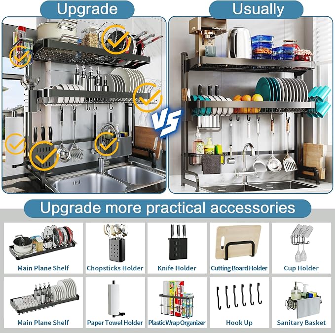 LIVOD Over The Sink Dish Drying Rack,3 Tier Adjustable Length Full Stainless Steel Large Storage Kitchen Dish Rack,for Kitchen Counter Expandable Multifunctional Organizers,Silver (25.5'' to 37.6'') - Image 3